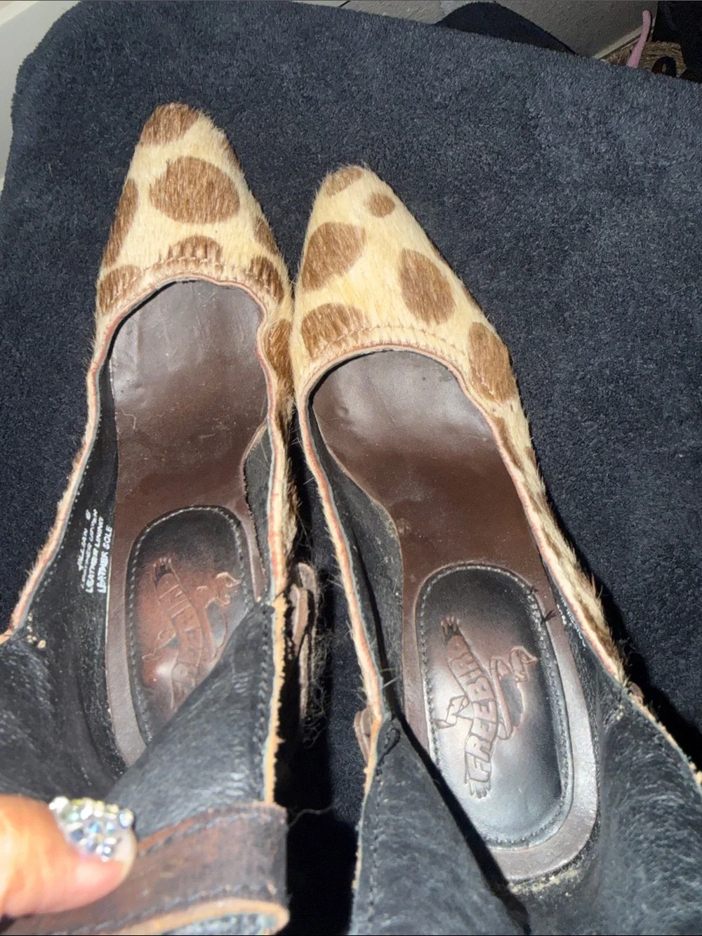 Freebird by Steven Brown Spotted Haircalf Pointed-Toe Ankle-Strap Heels